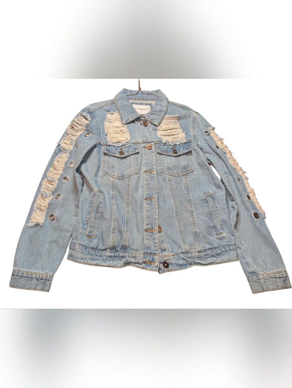 Light Blue Distressed Denim Jacket with Grommet Detailing - Women
